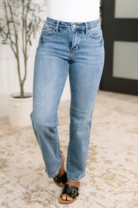 Judy Blue - Corrine Mid Rise Control Top Vintage Straight Jeans - blue - clothing - cotton - blend