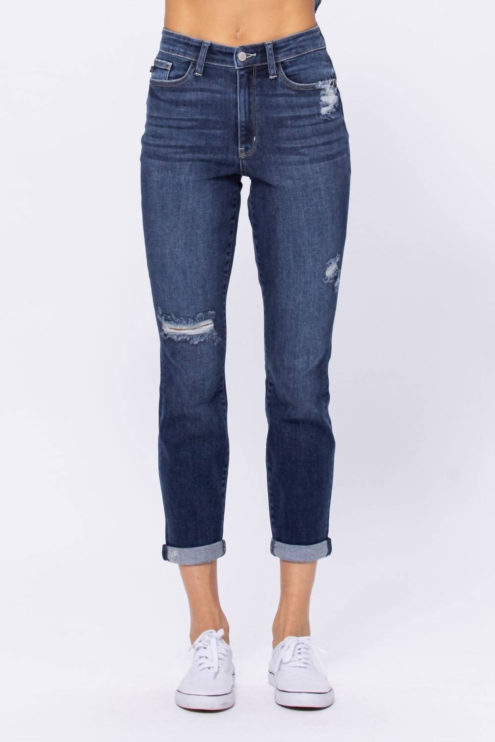 Judy Blue - High Rise Destroyed Boyfriend Denim Jeans - blue - boyfriend - clothing