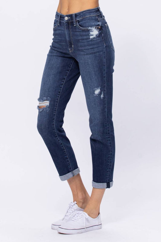 Judy Blue - High Rise Destroyed Boyfriend Denim Jeans - blue - boyfriend - clothing