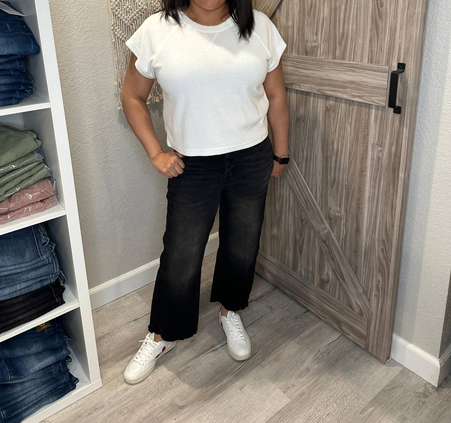 Judy Blue - High Waist Button Fly Destroyed Raw Hem Cropped Wide Leg Denim - ankle - black - clothing