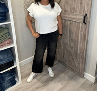 Judy Blue - High Waist Button Fly Destroyed Raw Hem Cropped Wide Leg Denim - ankle - black - clothing