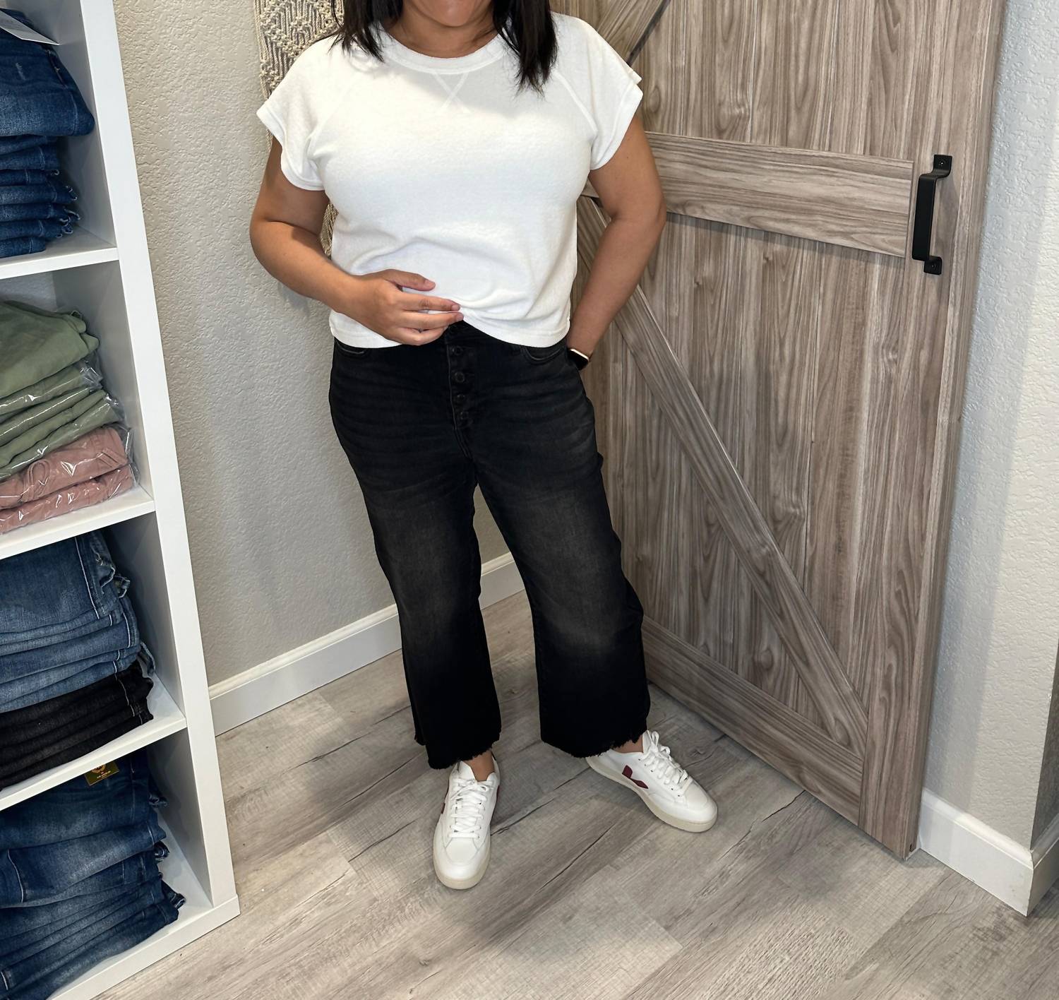 Judy Blue - High Waist Button Fly Destroyed Raw Hem Cropped Wide Leg Denim - ankle - black - clothing