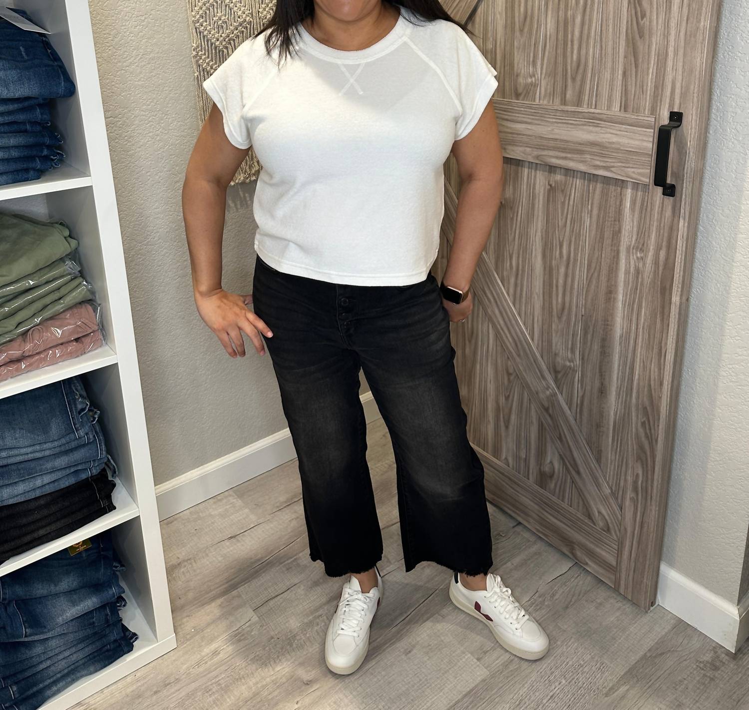 Judy Blue - High Waist Button Fly Destroyed Raw Hem Cropped Wide Leg Denim - ankle - black - clothing