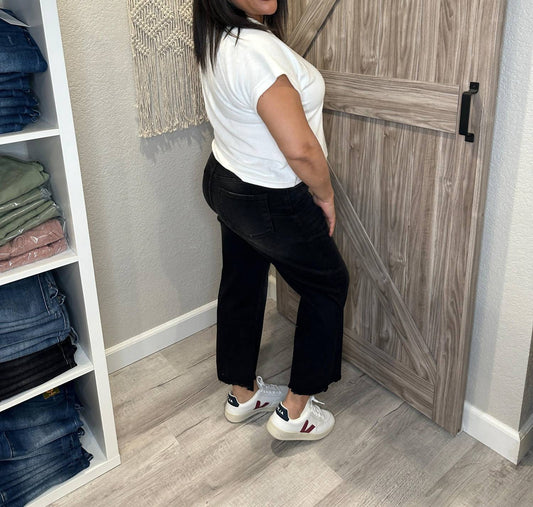 Judy Blue - High Waist Button Fly Destroyed Raw Hem Cropped Wide Leg Denim - ankle - black - clothing