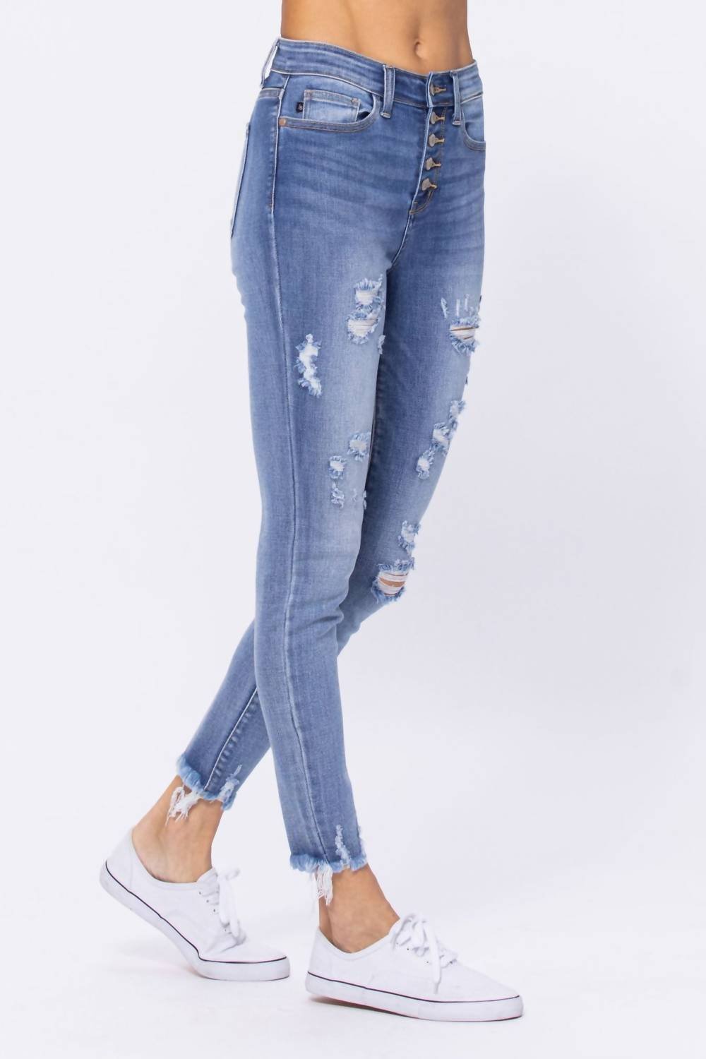 Judy Blue - High Waist Destroyed Button Fly Skinny Denim Jeans - blue - clothing - cotton - blend