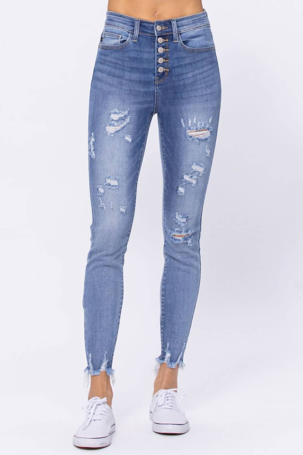 Judy Blue - High Waist Destroyed Button Fly Skinny Denim Jeans - blue - clothing - cotton - blend