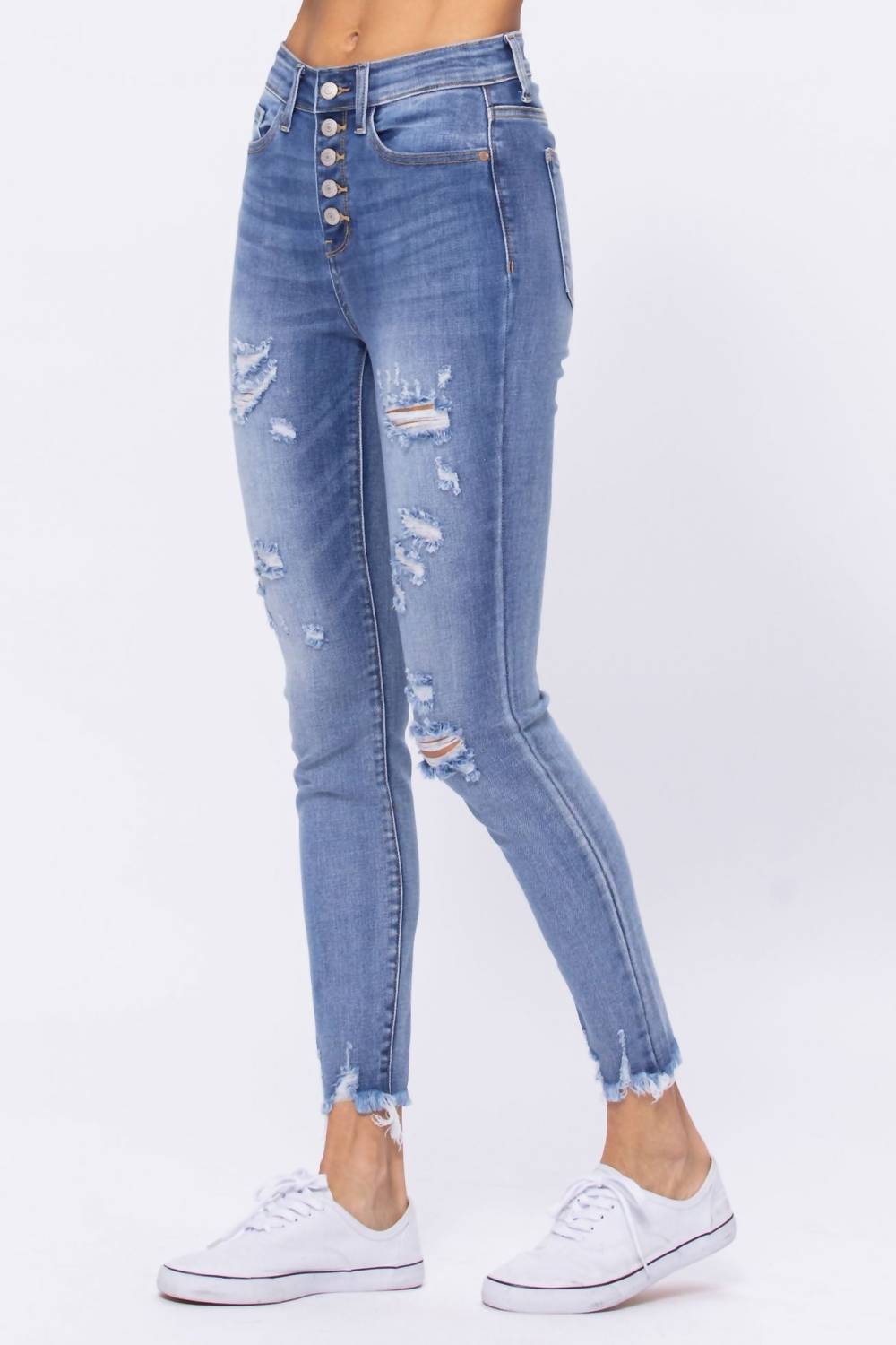 Judy Blue - High Waist Destroyed Button Fly Skinny Denim Jeans - blue - clothing - cotton - blend