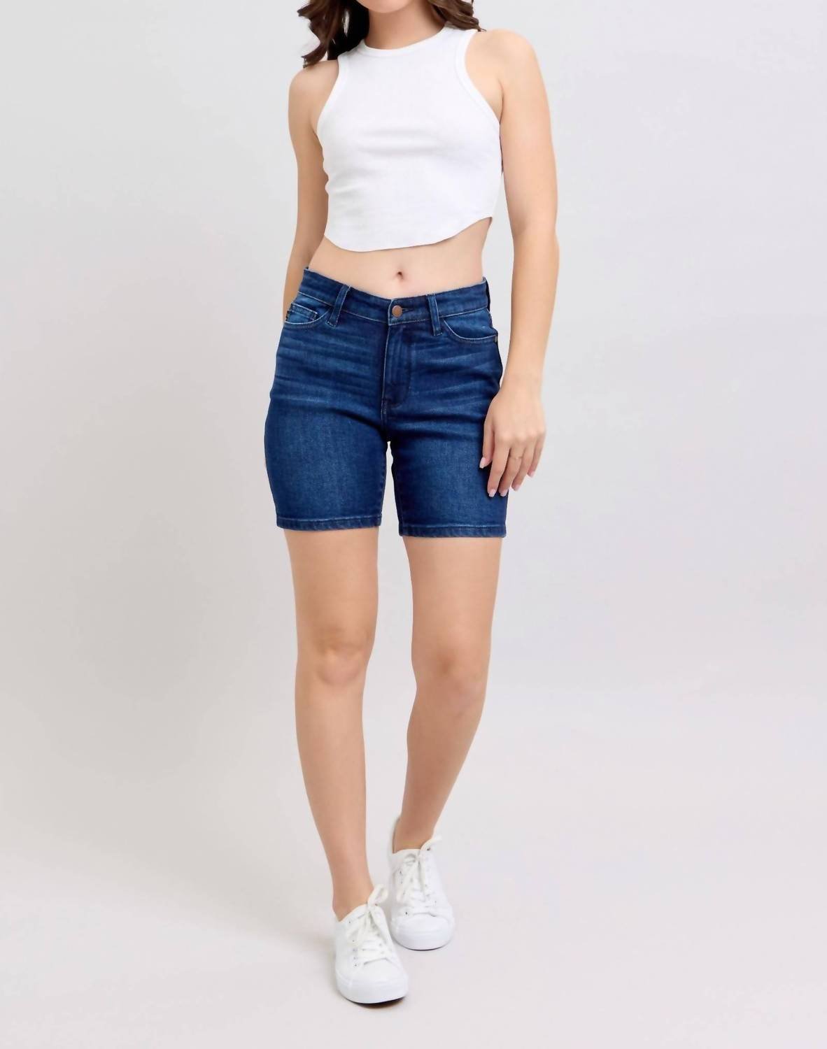 Judy Blue - High Waist V - front Bermuda Denim Short - blue - clothing - cotton - blend