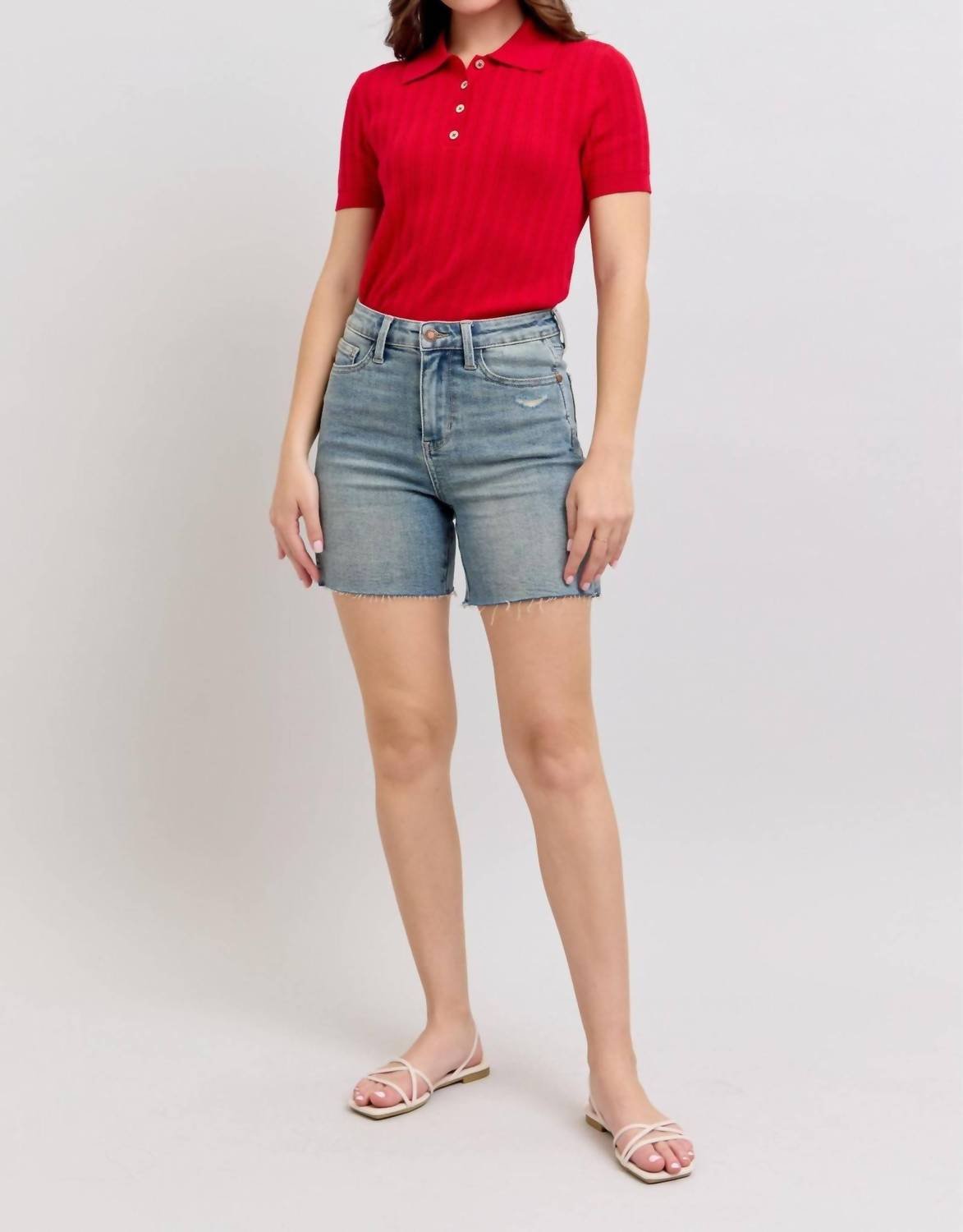 Judy Blue - High Waist Vintage Wash Side Slit Denim Short - blue - clothing - cotton - blend