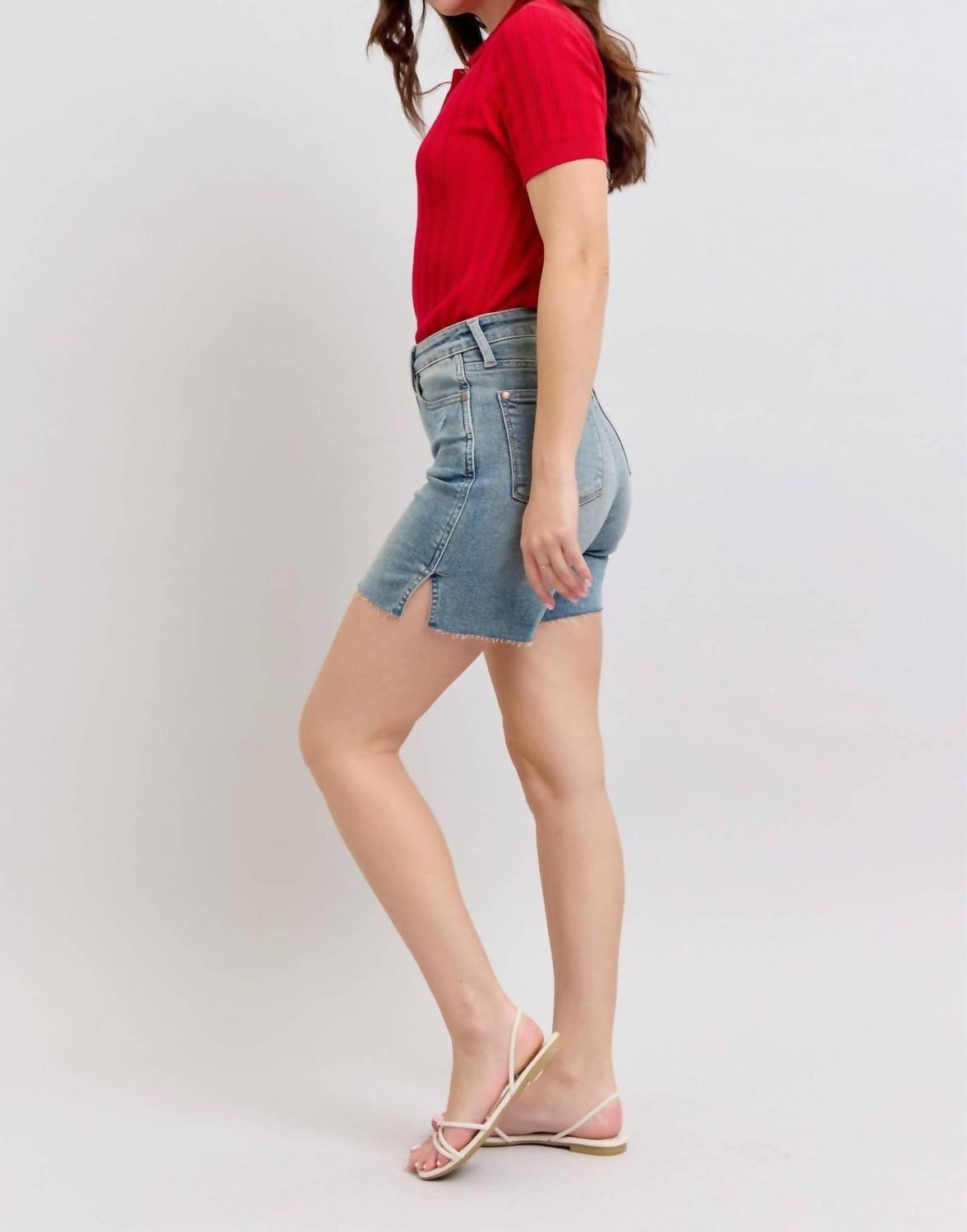 Judy Blue - High Waist Vintage Wash Side Slit Denim Short - blue - clothing - cotton - blend