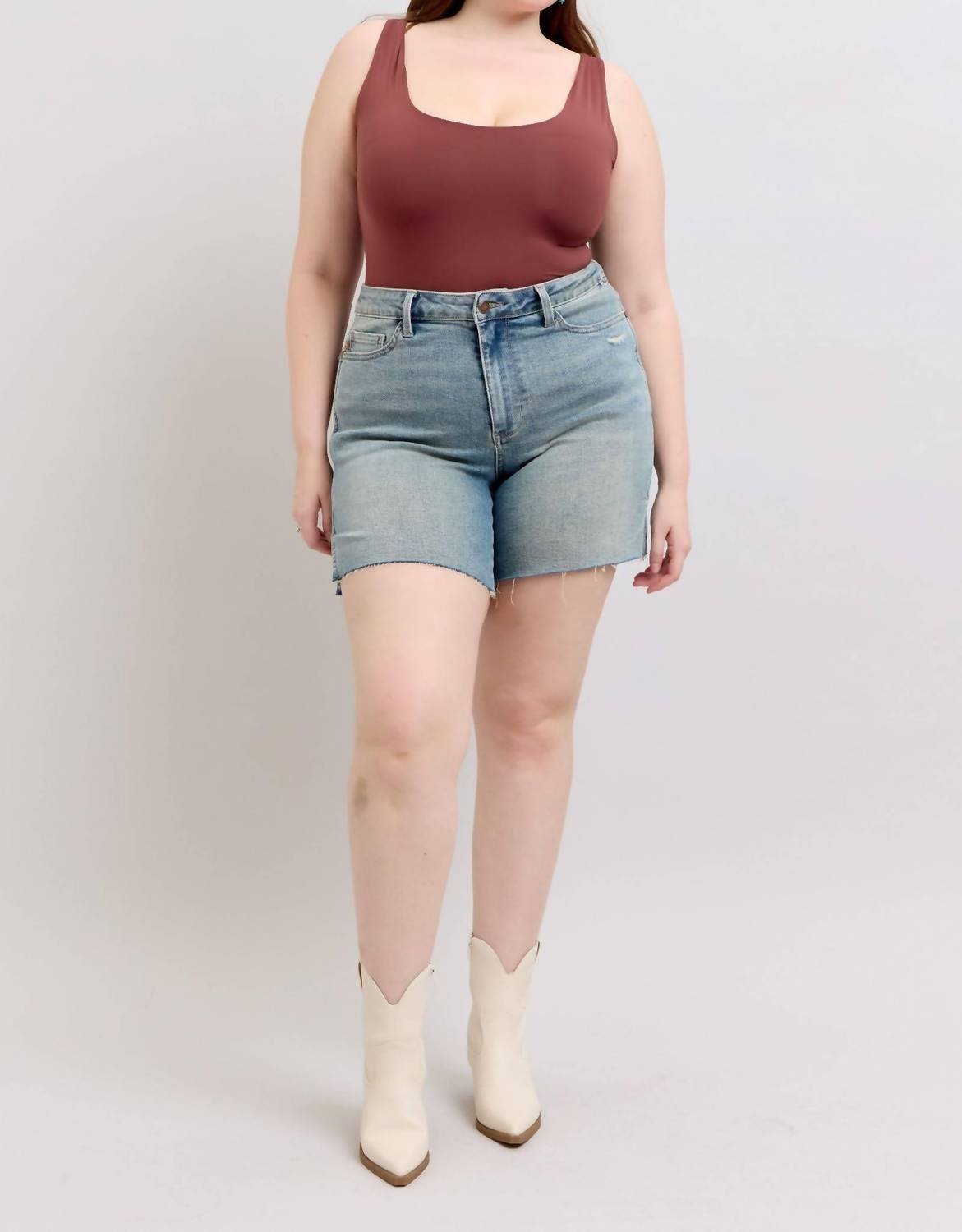 Judy Blue - High Waist Vintage Wash Side Slit Denim Short - blue - clothing - cotton - blend