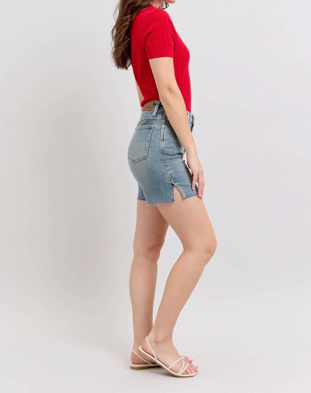 Judy Blue - High Waist Vintage Wash Side Slit Denim Short - blue - clothing - cotton - blend