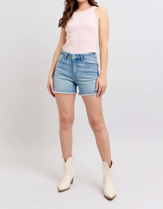 Judy Blue - High Waist Western Embroidery Detail Cut Off Denim Short - blue - clothing - cotton - blend