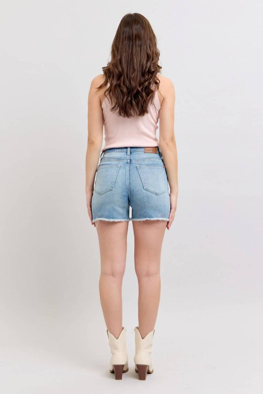 Judy Blue - High Waist Western Embroidery Detail Cut Off Denim Short - blue - clothing - cotton - blend