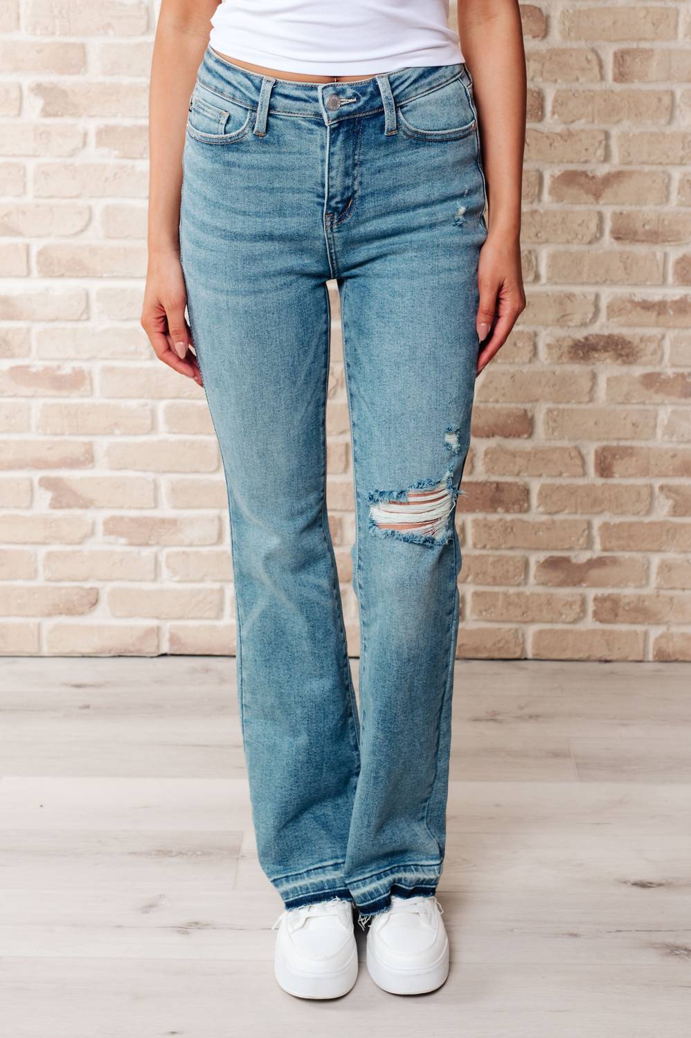 Judy Blue - Isla Mid Rise Distressed Released Hem Bootcut Jeans - blue - boot - cut - clothing