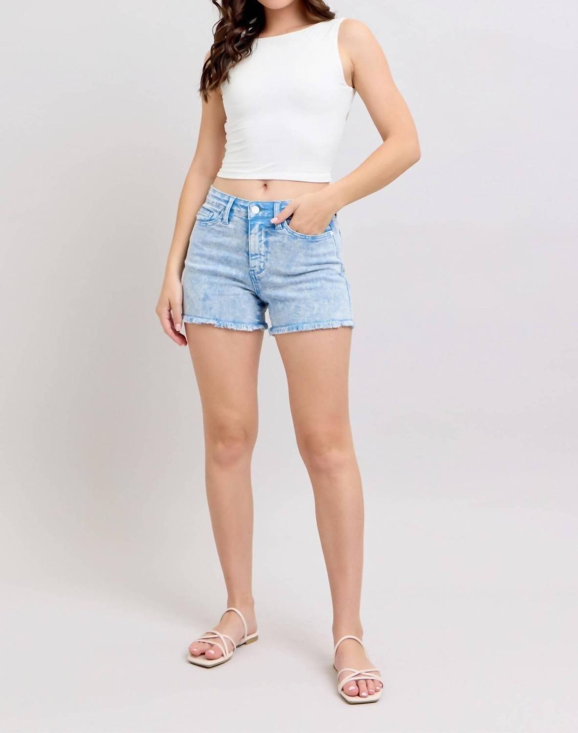 Judy Blue - Judy Blue Mid Rise Garment Dyed Cyan Denim Short 150348 - blue - clothing - cotton - blend