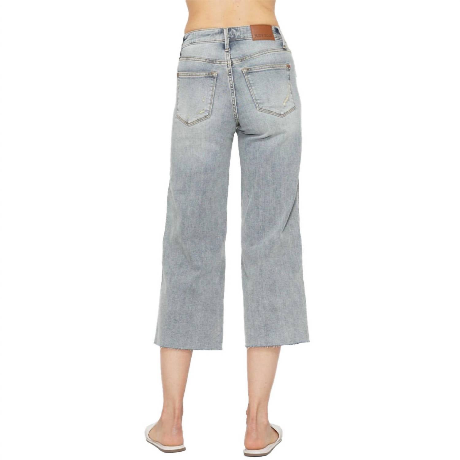 Judy Blue - Midrise Tummy Control Raw Hem Wide Leg Crop Denim - ankle - blue - clothing