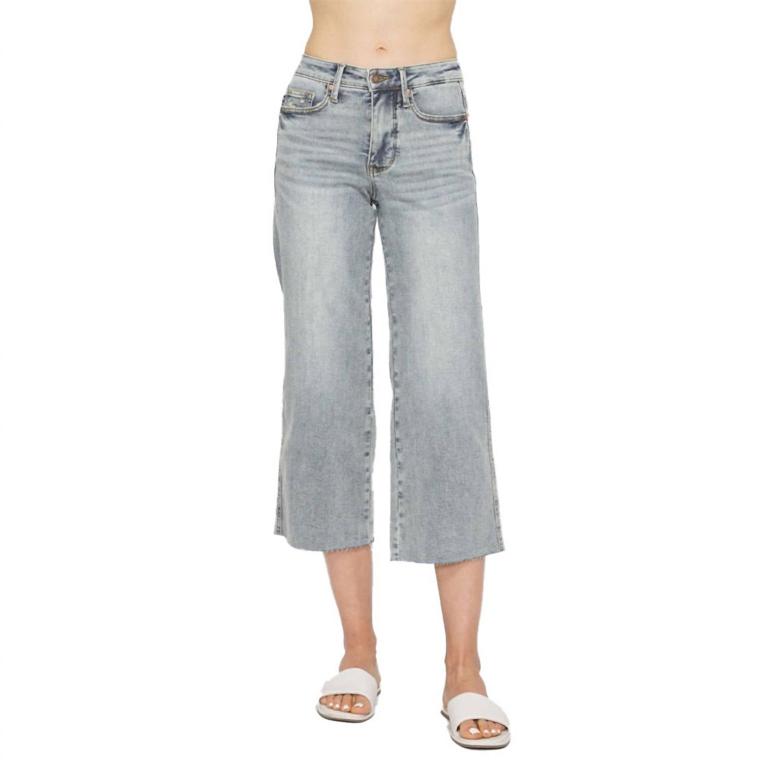 Judy Blue - Midrise Tummy Control Raw Hem Wide Leg Crop Denim - ankle - blue - clothing