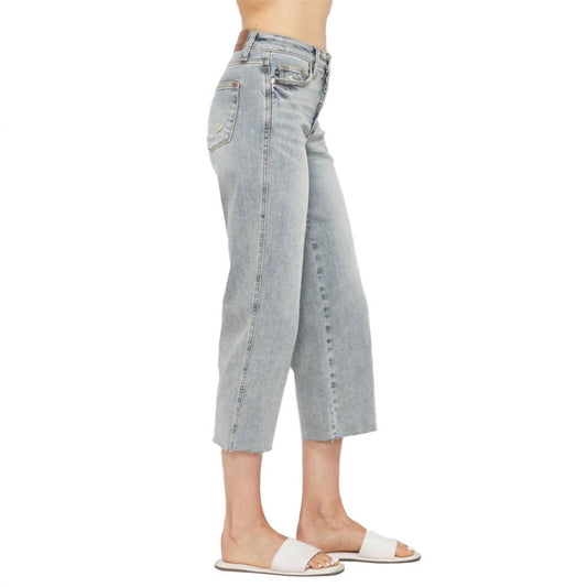 Judy Blue - Midrise Tummy Control Raw Hem Wide Leg Crop Denim - ankle - blue - clothing