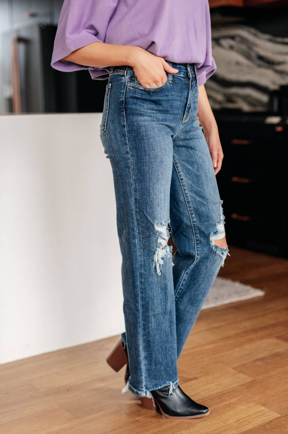 Judy Blue - Rose High Rise 90's Straight Jeans in Dark Wash - blue - clothing - cotton - blend