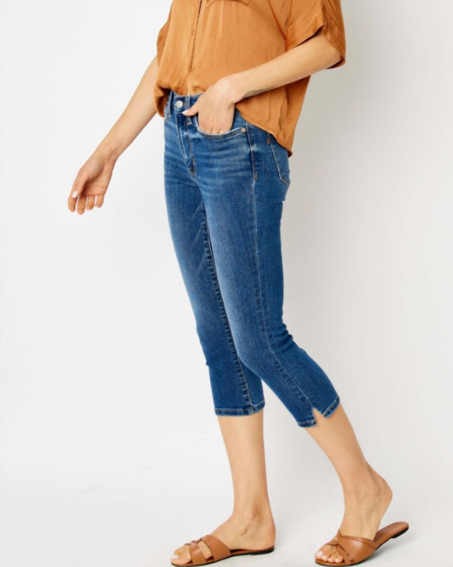 Judy Blue - Slim Fit Side Slit Capri - blue - capris - clothing