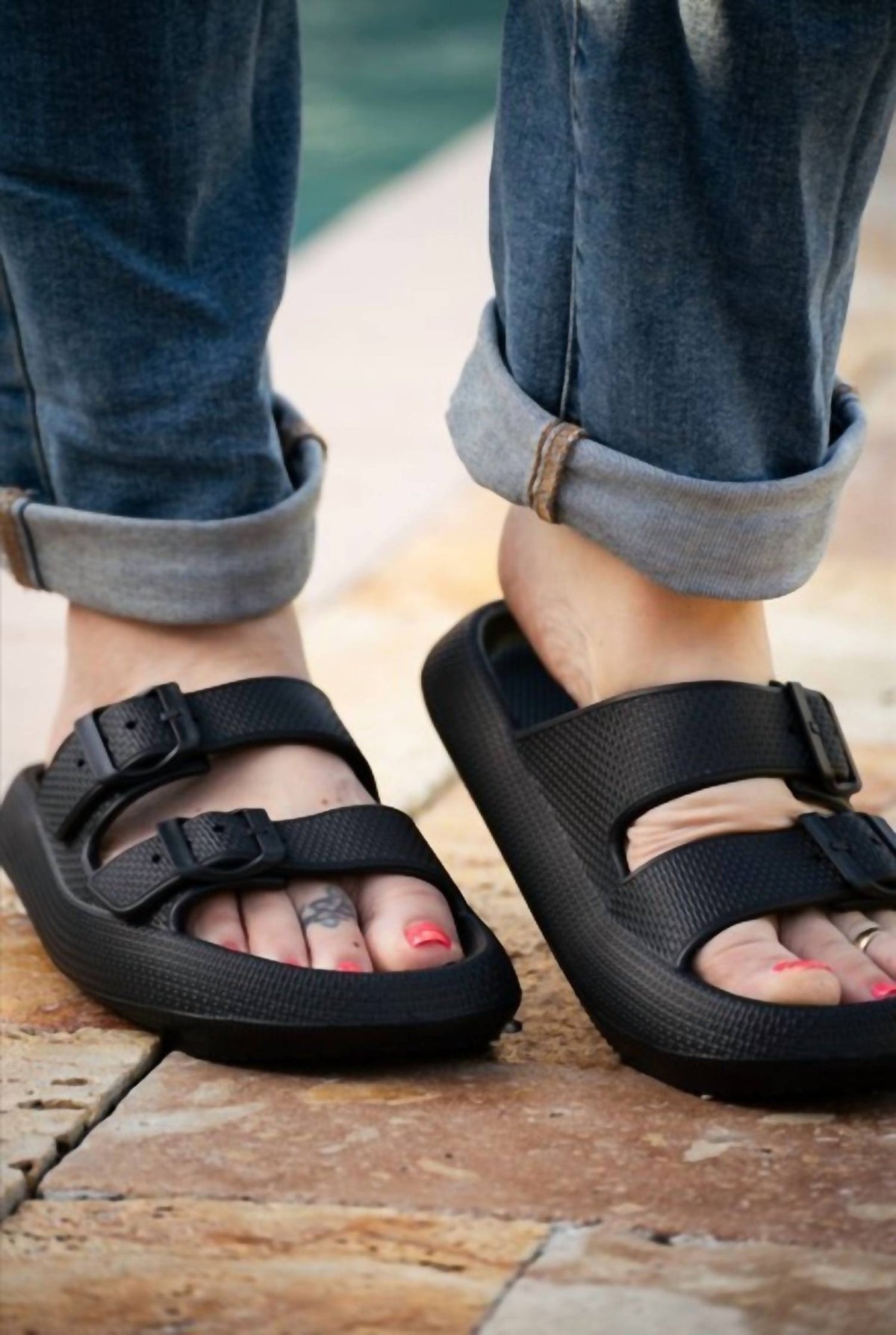 Julia Rose - Buckle Slides Sandal - black - sandals - shoes