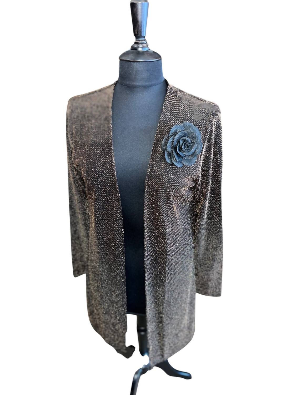 Julian Chang - Women's Metallic Dinner Jacket With Removable Rose Brooch - brown - casual - jacket - clothing