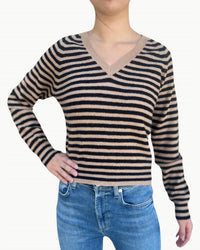 Jumper1234 - Crop Stripe V - neck Pullover Sweater - brown - clothing - shirts