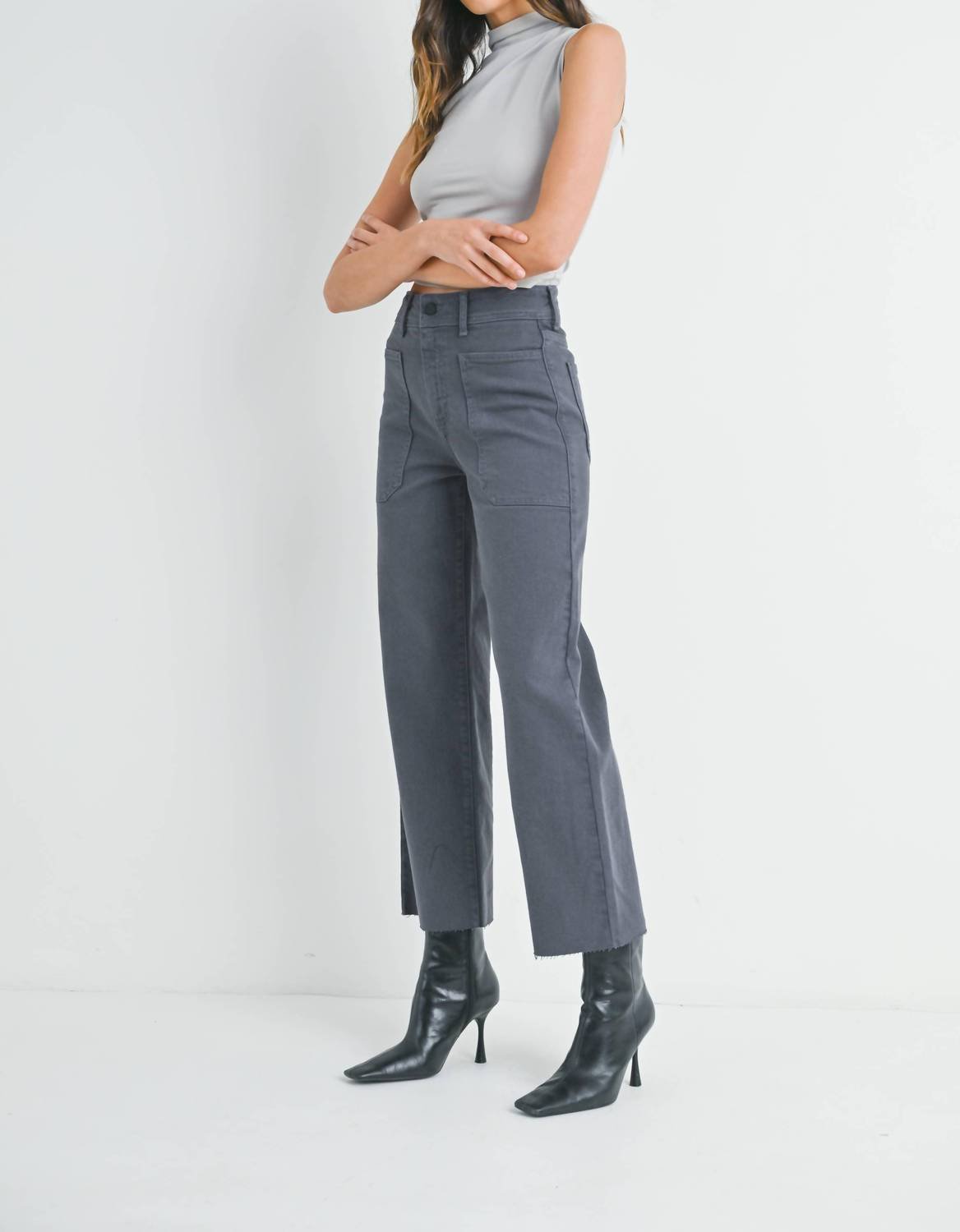 Just Black Denim - High Rise Utility Wide Leg Pants - clothing - cotton - blend - grey