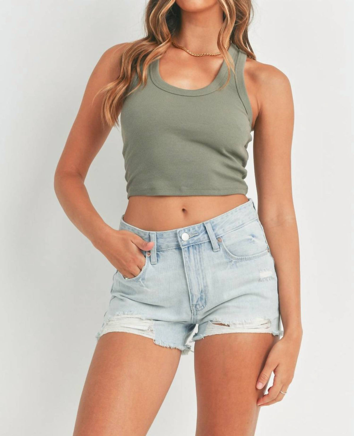 Just Black Denim - Light Distressed Denim High Waisted Short