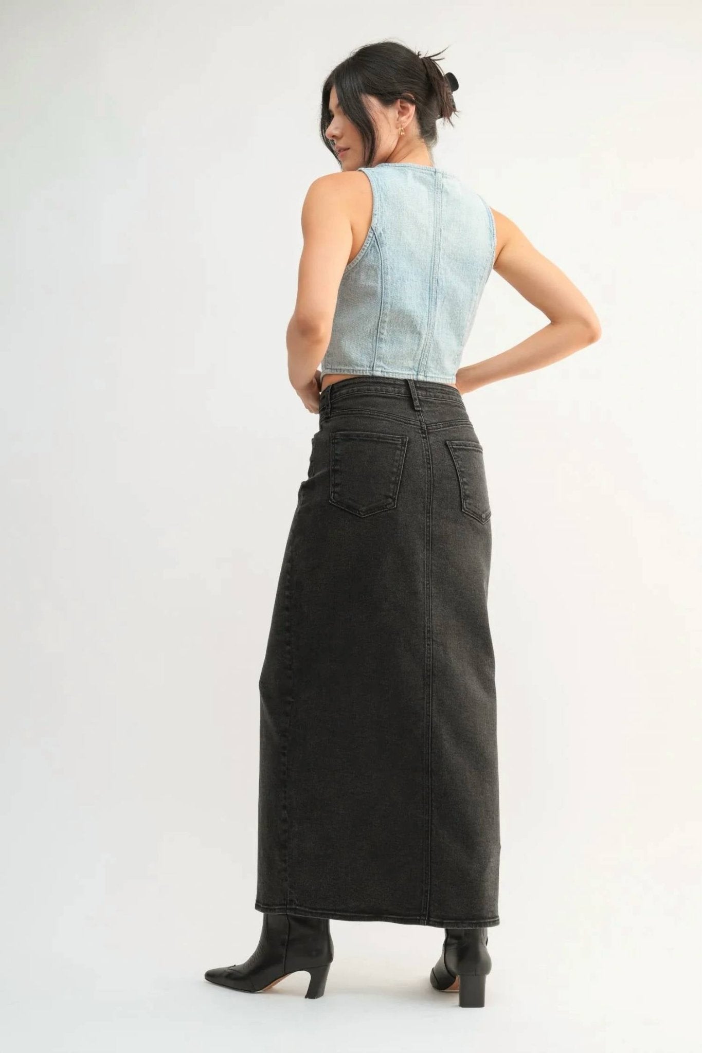 Just Black Denim - stretch classic midi skirt - black - clothing - cotton - blend
