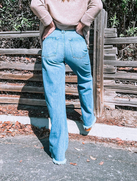 Kancan - Frayed Bottom Straight Legged Jeans - blue - clothing - cotton