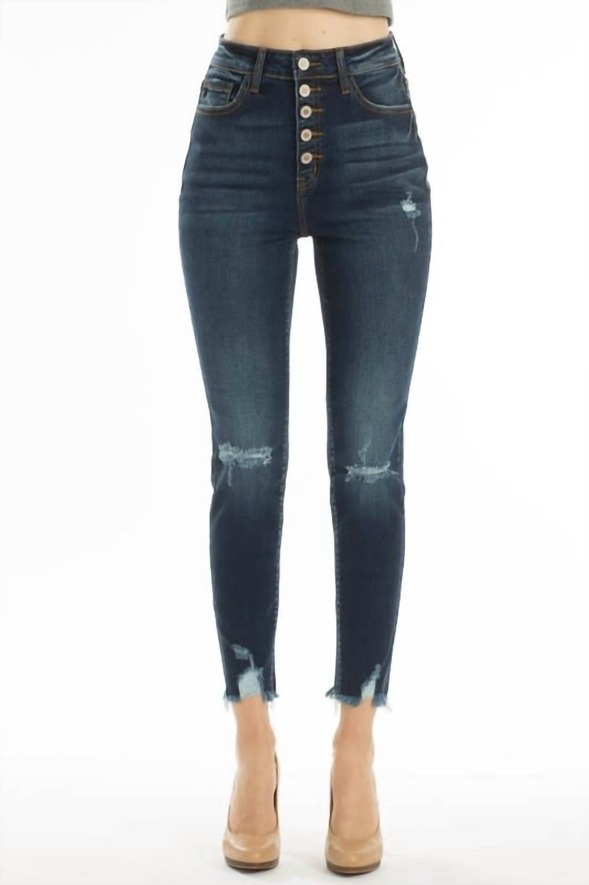 Kancan - High Rise 5 Button Distressed Knee Jean