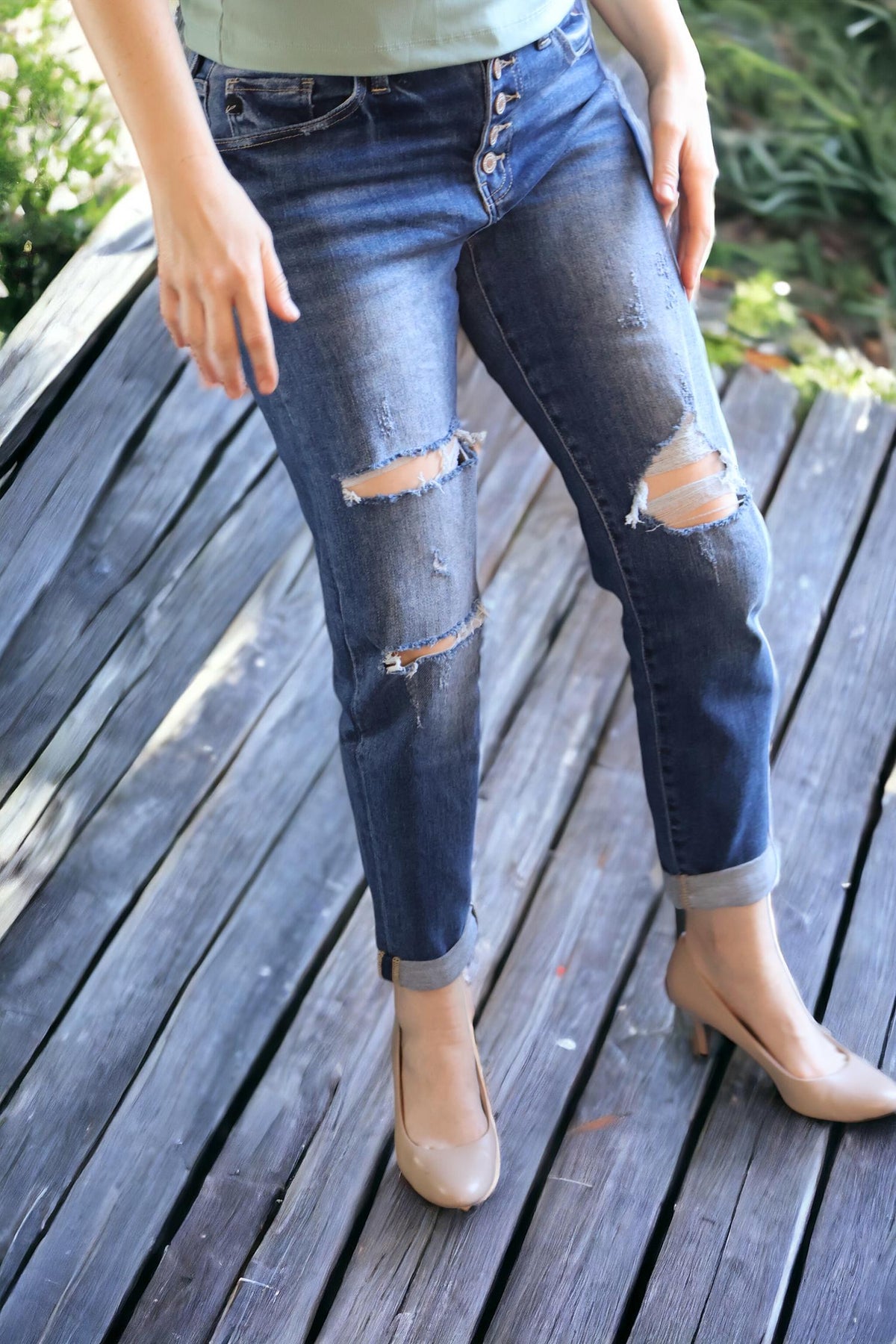 Kancan - High Rise Button Down Girlfriend Jeans