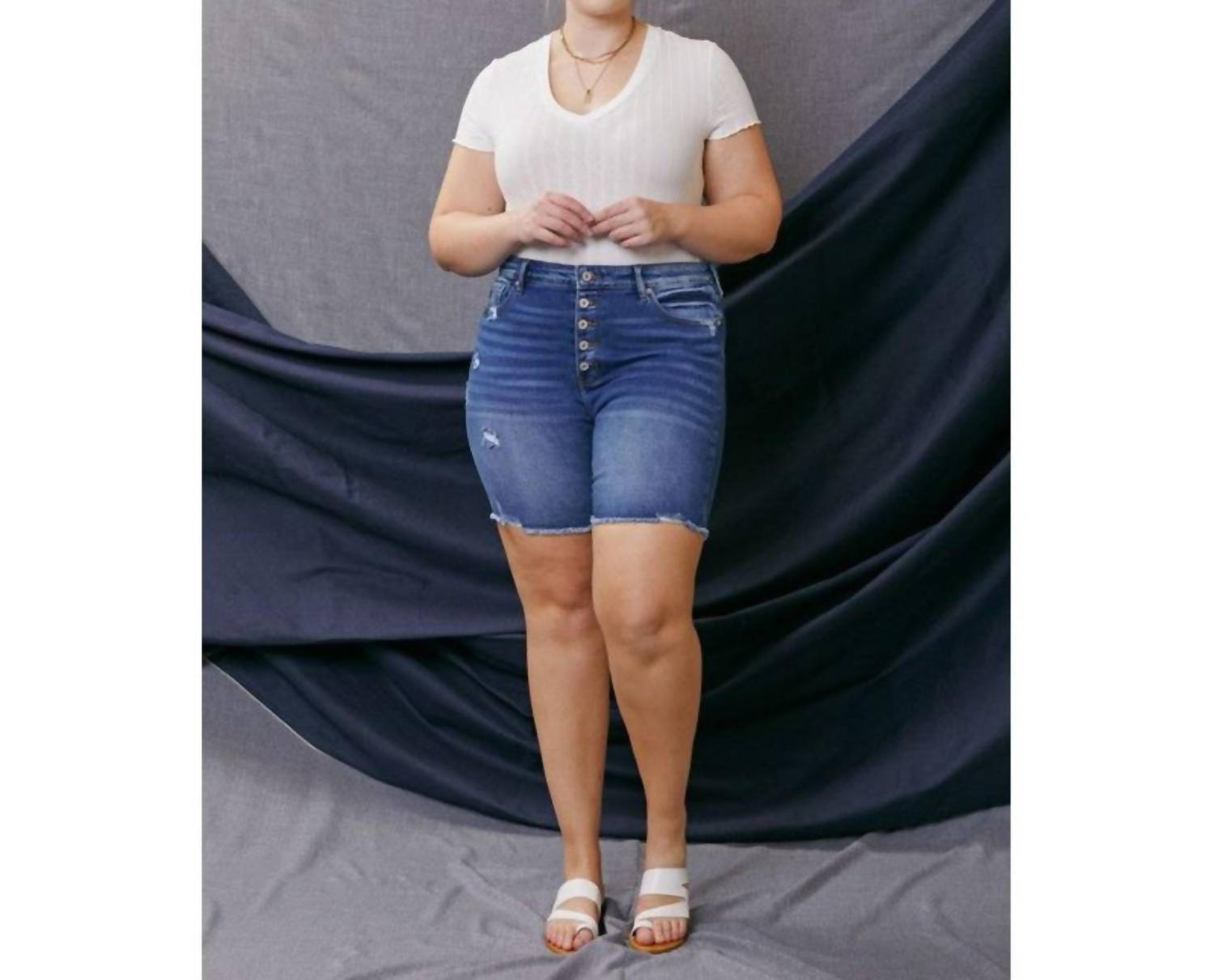 Kancan - High Rise Button Down Shorts - blue - clothing - cotton - blend