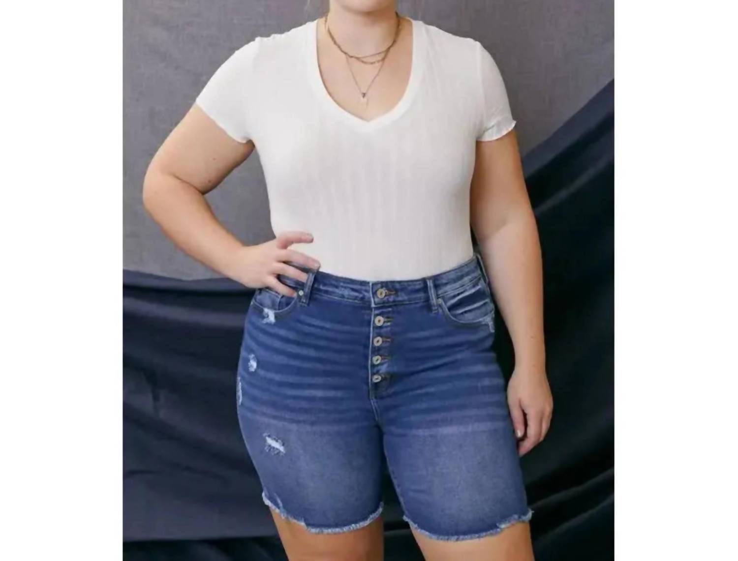 Kancan - High Rise Button Down Shorts - blue - clothing - cotton - blend