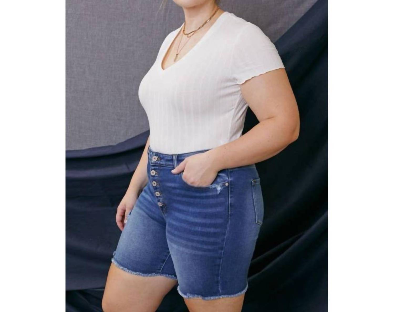 Kancan - High Rise Button Down Shorts - blue - clothing - cotton - blend