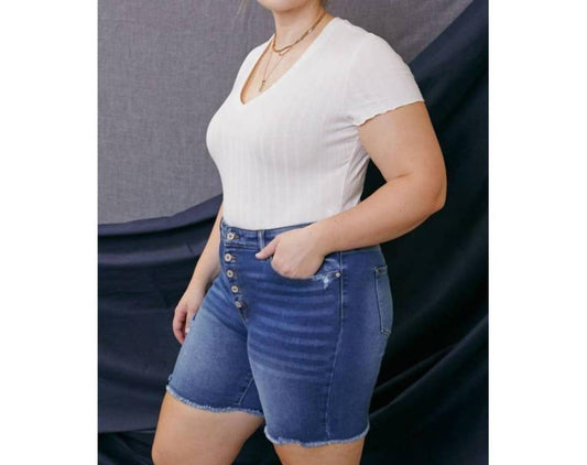 Kancan - High Rise Button Down Shorts - blue - clothing - cotton - blend