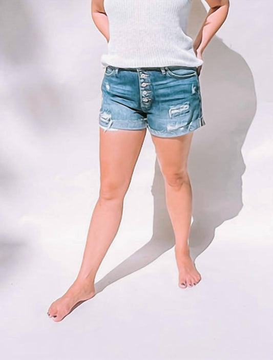 Kancan - High Rise Button Fly Single Cuff Denim Shorts - blue - clothing - jean - shorts