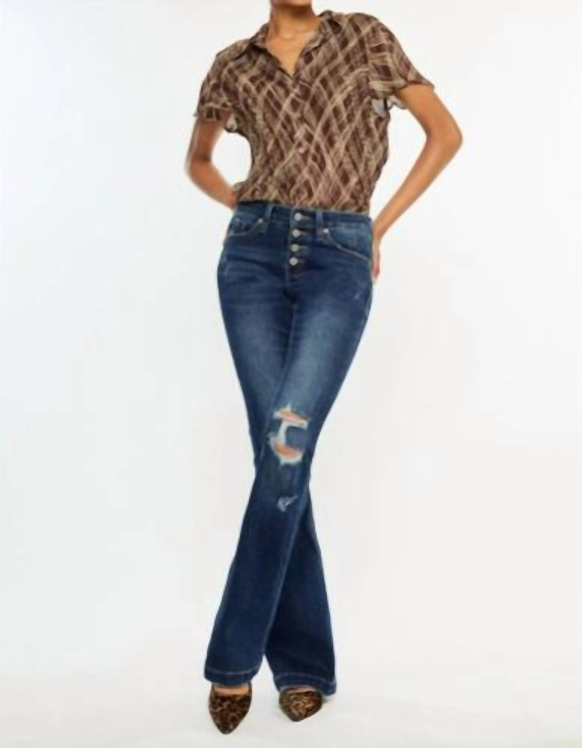 Kancan - Mid Rise Button Up Distressed Flare Jeans
