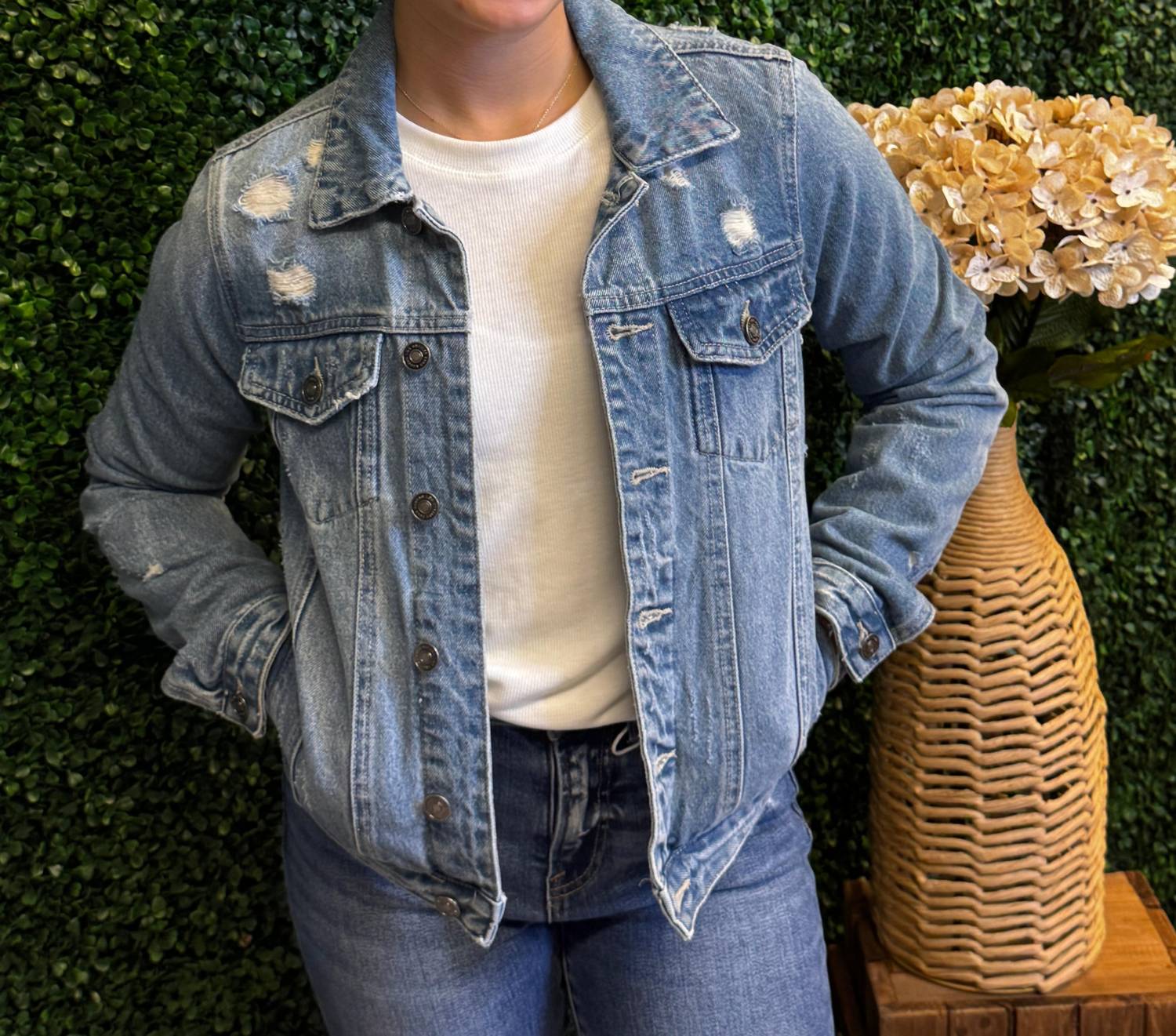 Kancan - Women's Distressed Denim Jacket - blue - clothing - cotton - blend