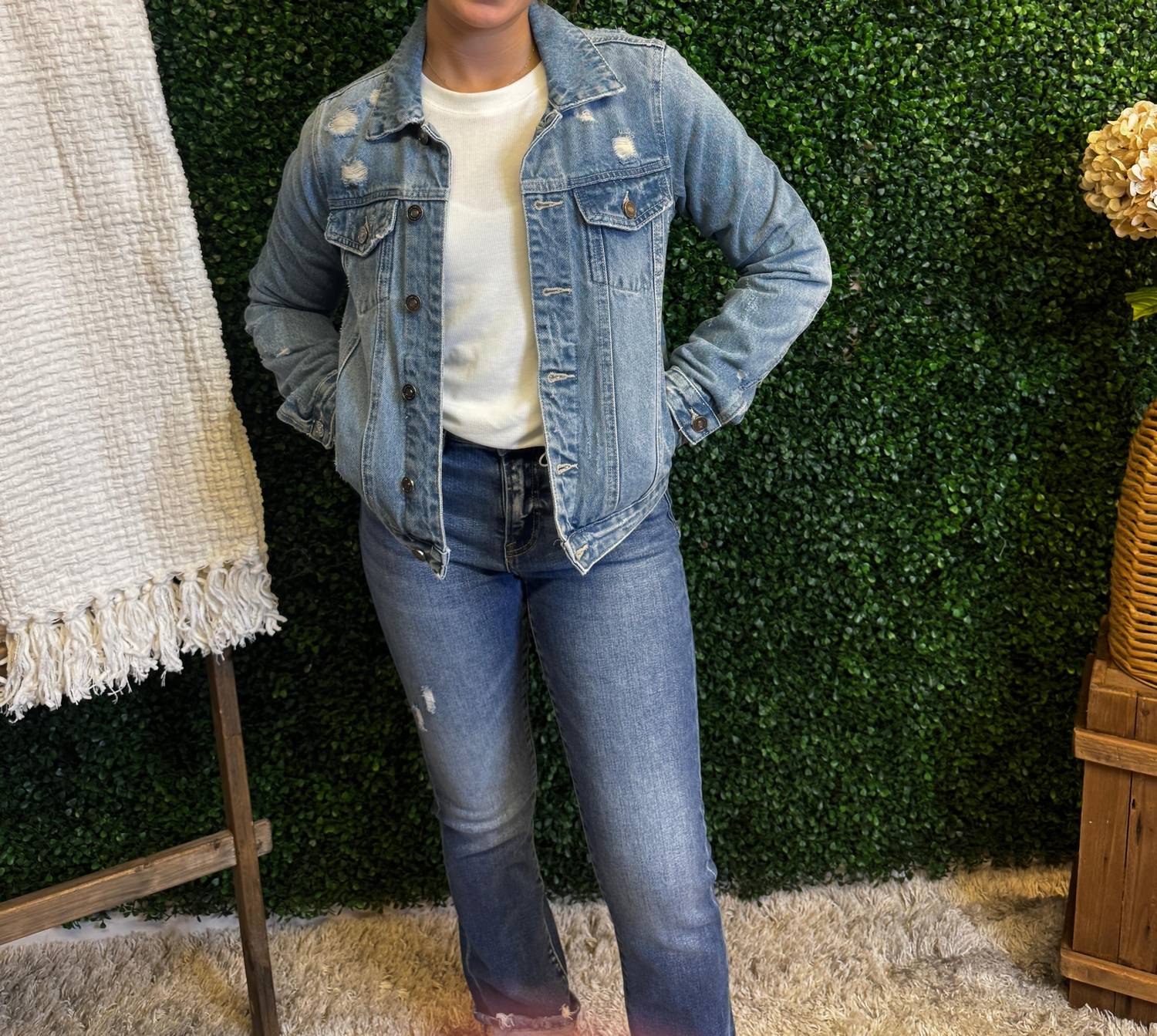 Kancan - Women's Distressed Denim Jacket - blue - clothing - cotton - blend