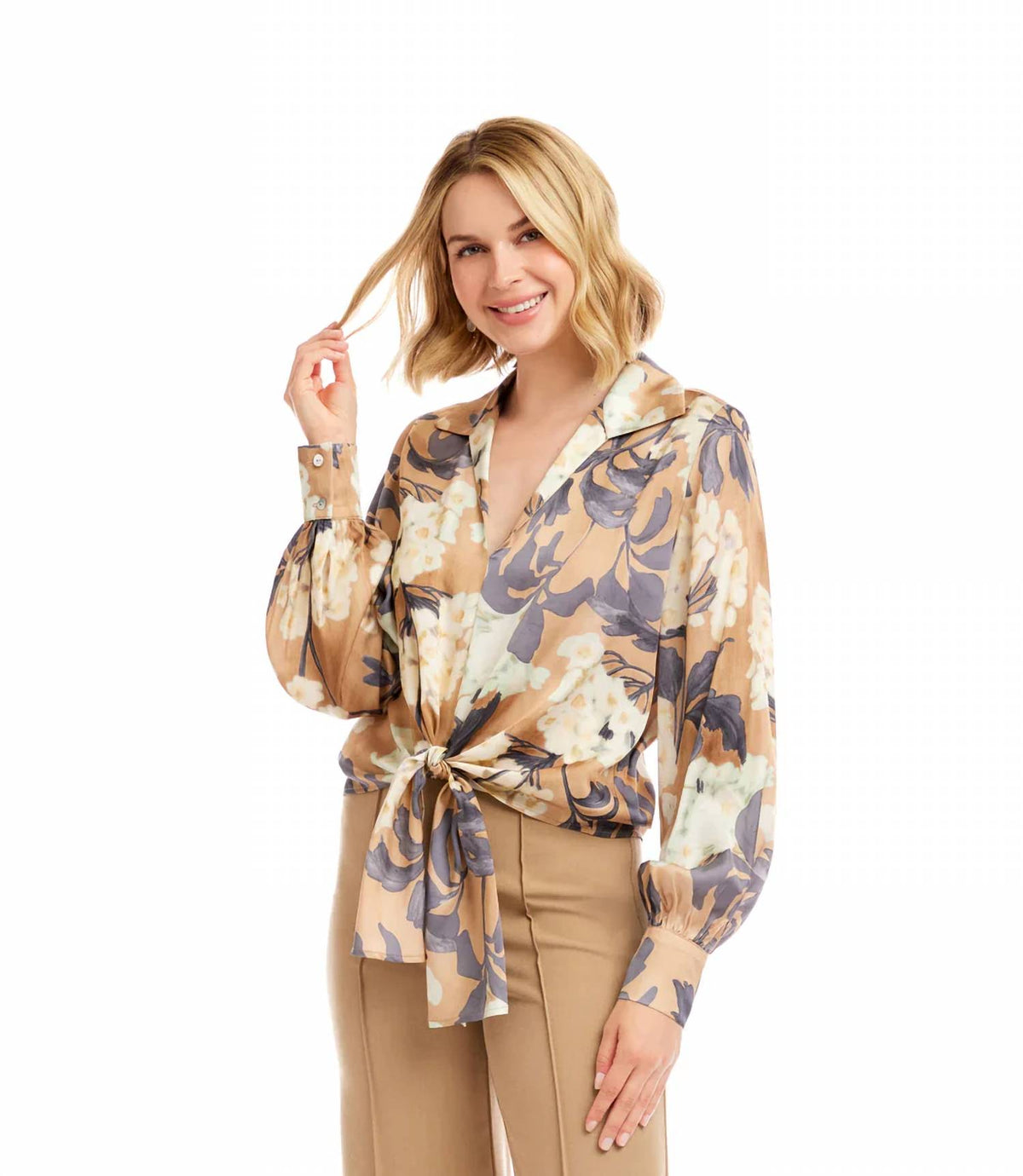 Karen Kane - Beverly Blouson Sleeve Satin Tie-front Top