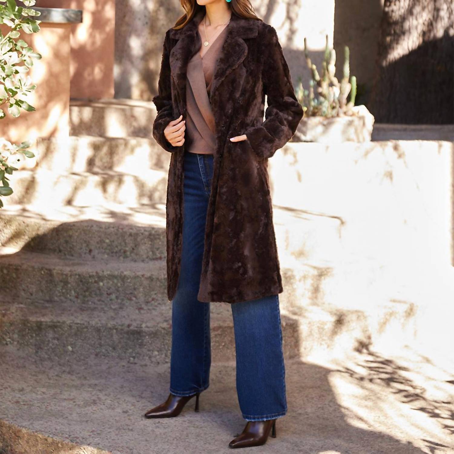 Karen Kane - Faux Fur Coat - brown - casual - jacket - clothing