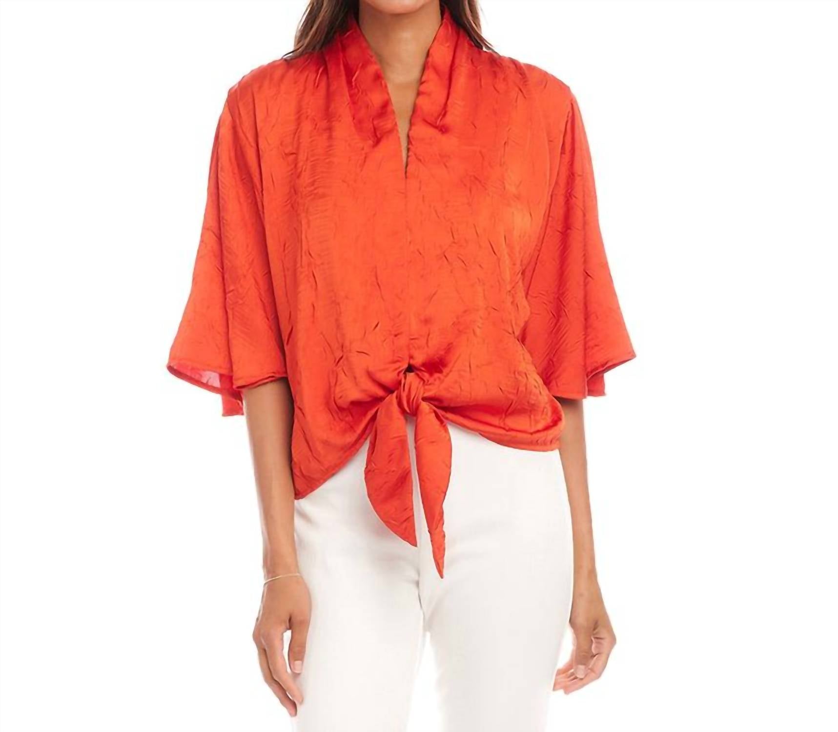 Karen Kane - Flare Sleeve Tie Front Top - blouses - clothing - orange