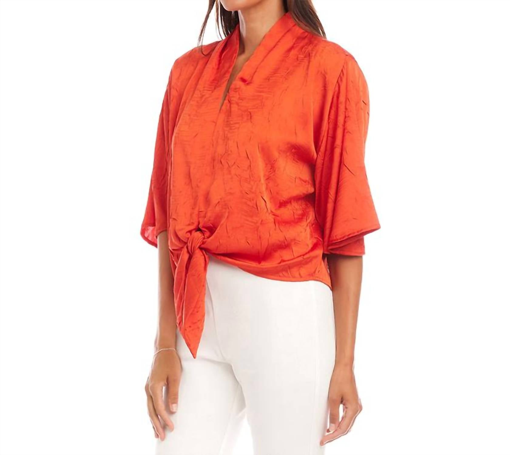 Karen Kane - Flare Sleeve Tie Front Top - blouses - clothing - orange