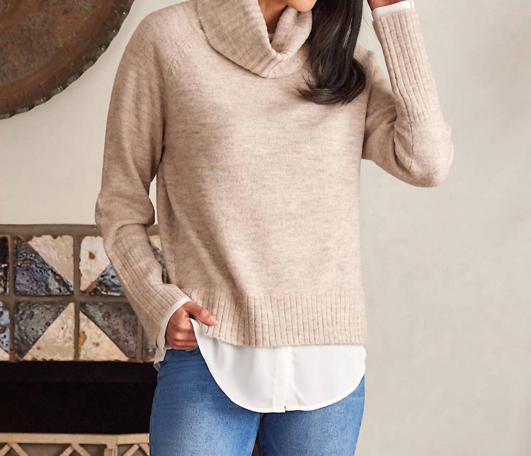 Karen Kane - Layered Turtleneck Sweater - acrylic - beige - clothing