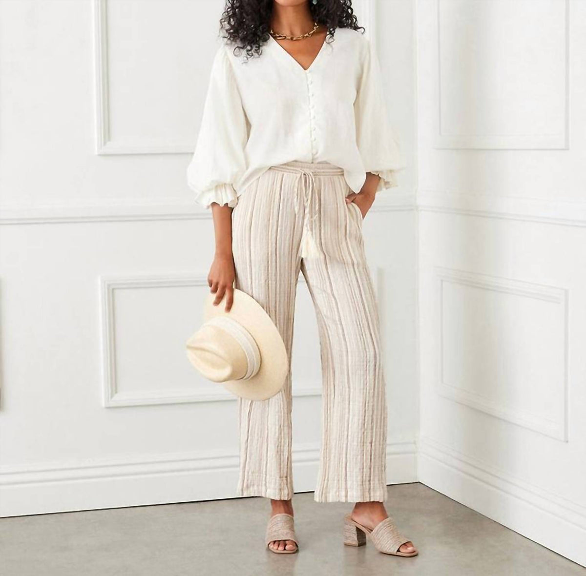 Karen Kane - Metallic Stripe Drawstring Ankle Pants