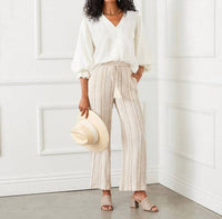 Karen Kane - Metallic Stripe Drawstring Ankle Pants - ankle - beige - clothing