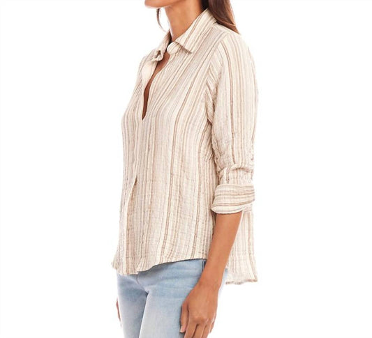Karen Kane - Metallic Stripe Ruched Sleeve Shirt - beige - clothing - shirts